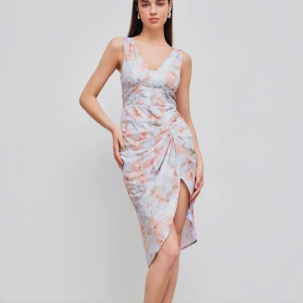 Cider Pastel Blue and Blush Floral V-Neck Midi Dress